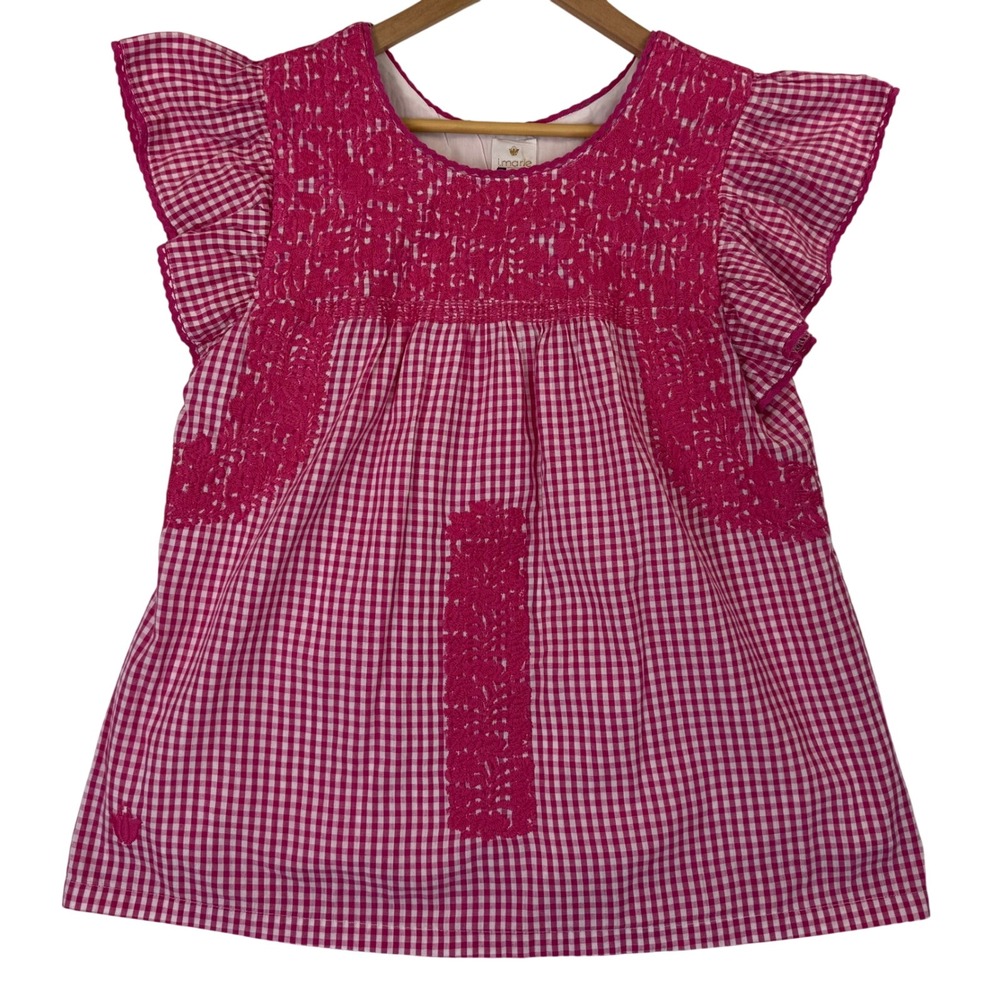 J. Marie Pink Gingham Check Embroidered Ruffle Flutter Sleeve Blouse Top Sz L